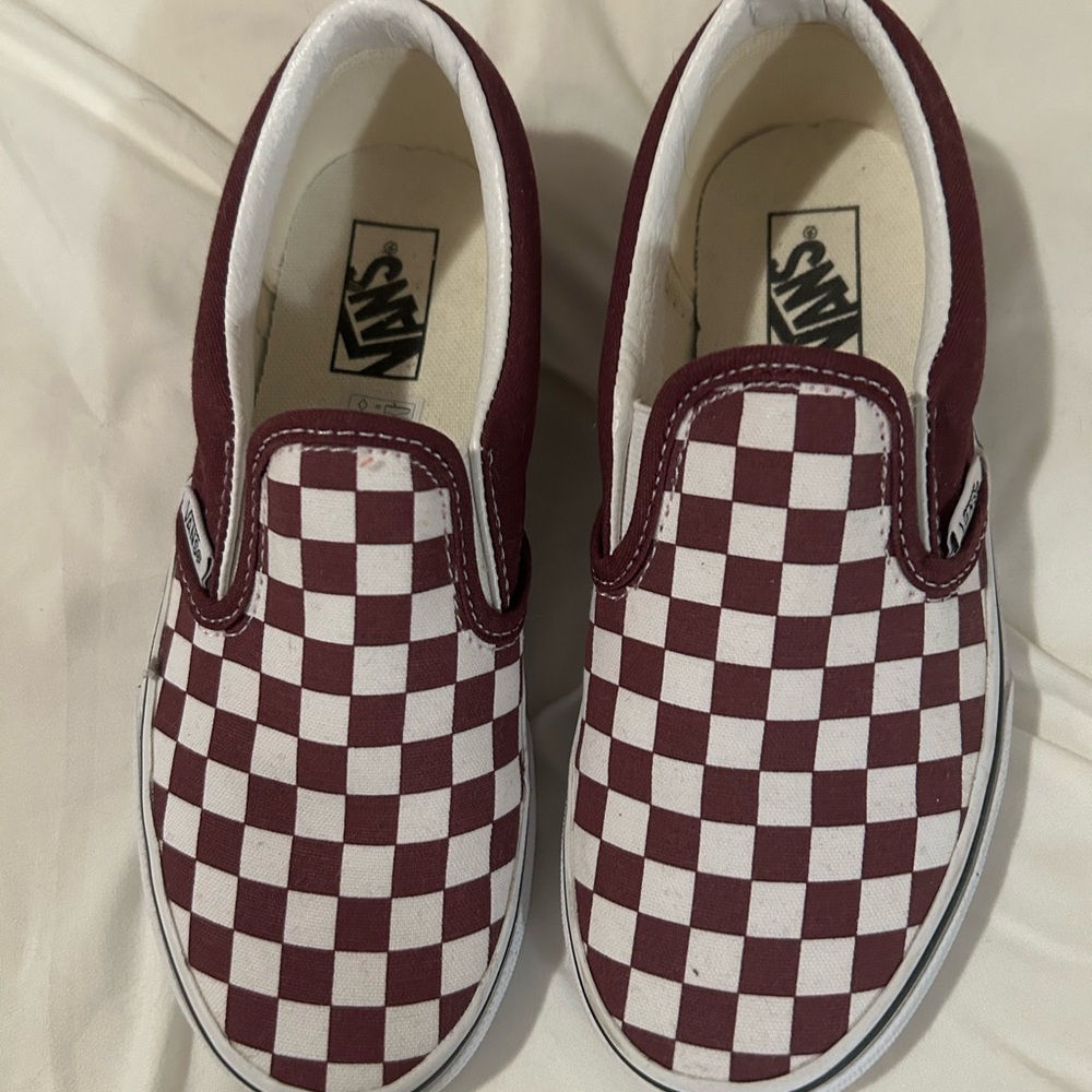 Vans Kids Burgundy and White Checkered Slip-On Sneakers